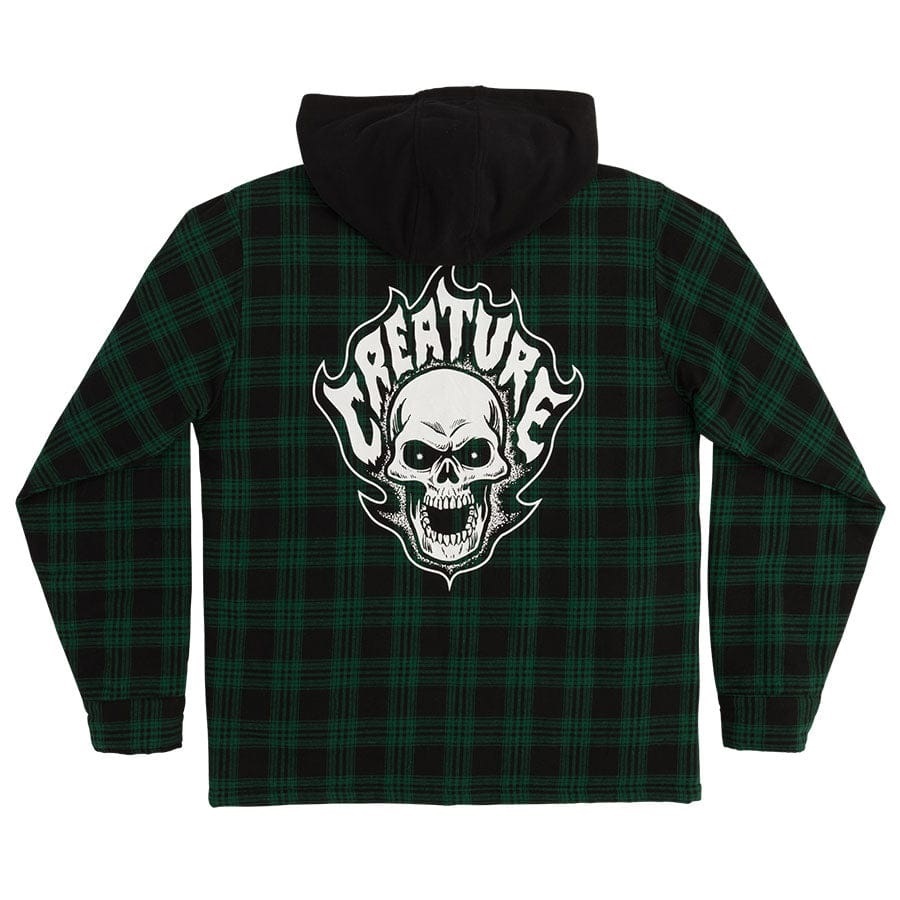 Creature Bonehead Flame Green Black Hooded Flannel Jacket