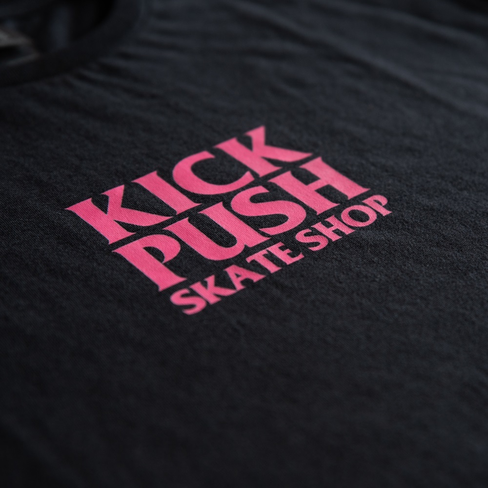 Kick Push Skate Shop Logo Black Pink Mens T-Shirt