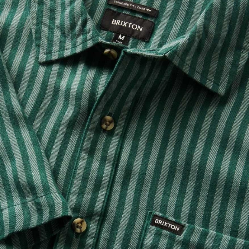 Brixton Charter Herringbone Stripe Woven Trekking Green Chinois Button Up Shirt [Size: M]