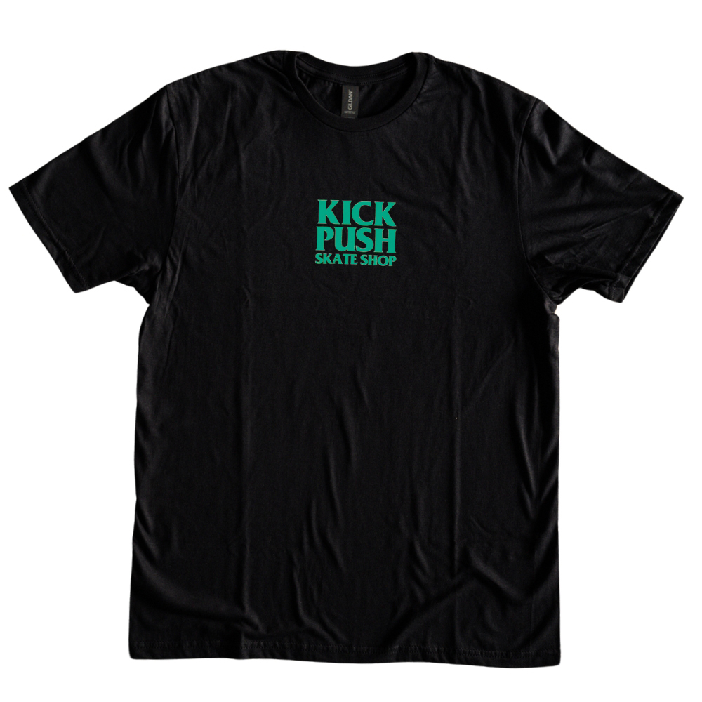 Kick Push Skate Shop Logo Black Green Mens T-Shirt [Size: XS]