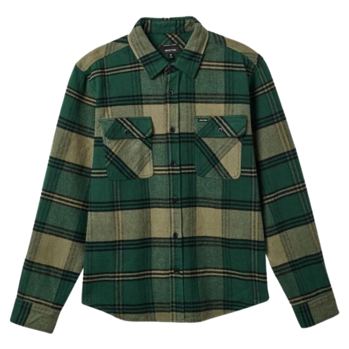 Brixton Bowery Heavy Weight Flannel Pine Needle Olive Surplus Button Up Shirt [Size: S]