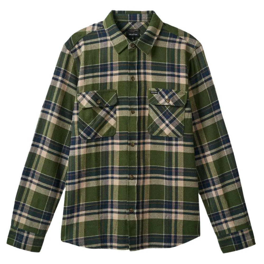 Brixton Bowery Flannel Cypress Green Washed Navy White Button Up Shirt [Size: S]