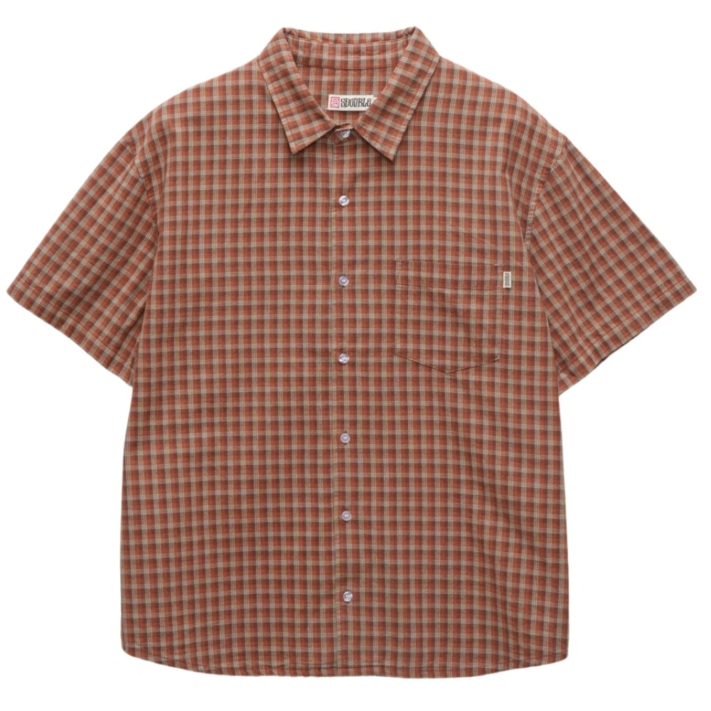 S-Double Block Check Summer Rust Button Up Shirt [Size: M]